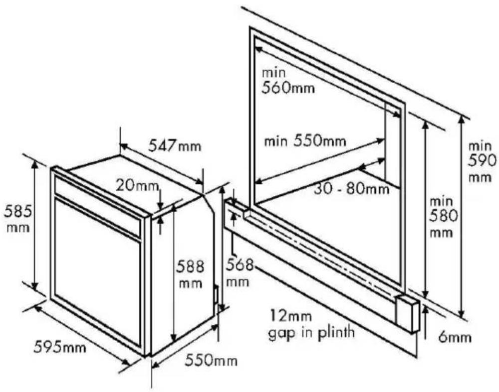 547 mm 20mm 585 mm 588 mm 595 mm 550 mm 568 mm 560 mm 30 - 80 mm 12mm gap in plinth 6mm min 560mm min 550mm min 580 mm min 590 mm