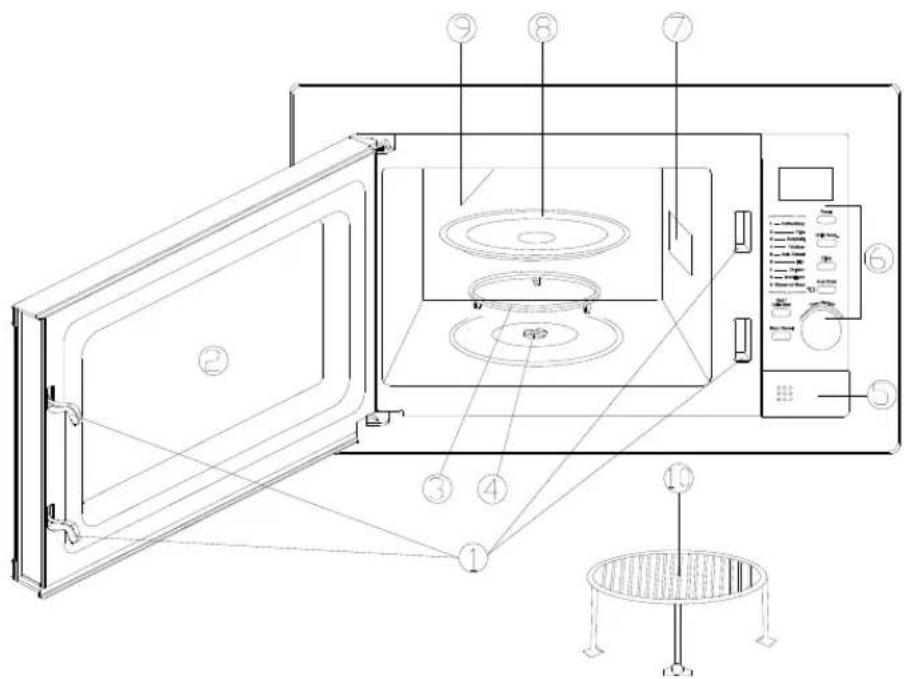 Technical diagram of a microwave oven with numbered components for identification and assembly reference.