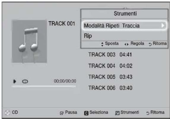 STRUMENTI Modalità Ripeti Traccia Rip Sposta Regola Ritoma TRACK 003 04:41 TRACK 004 04:02 TRACK 005 03:43 TRACK 006 03:40 CD Pausa Seleziona Strumenti Ritoma