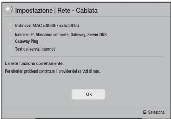 Impostazione | Rete - Cablata ✓ Indirizzo MAC (d0:66:7b:dc:28:fc) ✓ Indirizzo IP, Maschera sottorete, Gateway, Server DNS Gateway Ping ✓ Test dei servizi Internet La rete funziona correttamente. Per ulteriori problemi contattare il provider dei servizi di rete. OK Seleziona
