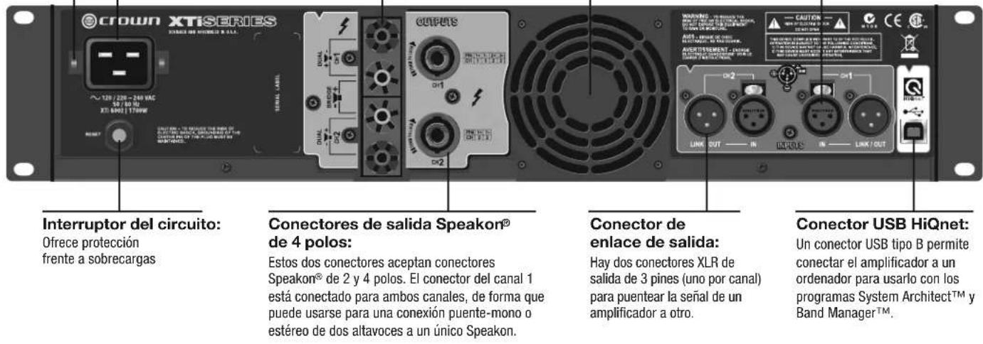 crown XTiSERIES ~120 / 228 - 240 VAC XTI 6001 | 170W Interruptor del circuito: Ofrece protección frente a sobrecargas Conectores de salida Speakon® de 4 polos: Estos dos conectores aceptan conectores Speakon® de 2 y 4 polos. El conector del canal 1 está conectado para ambos canales, de forma que puede usarse para una conexión puente-mono o estéreo de dos altavoces a un único Speakon. Conector de enlace de salida: Hay dos conectores XLR de salida de 3 pines (uno por canal) para puentear la señal de un amplificador a otro. Conector USB HiQnet: Un conector USB tipo B permite conectar el amplificador a un ordenador para usarlo con los programas System Architect™ y Band Manager™.