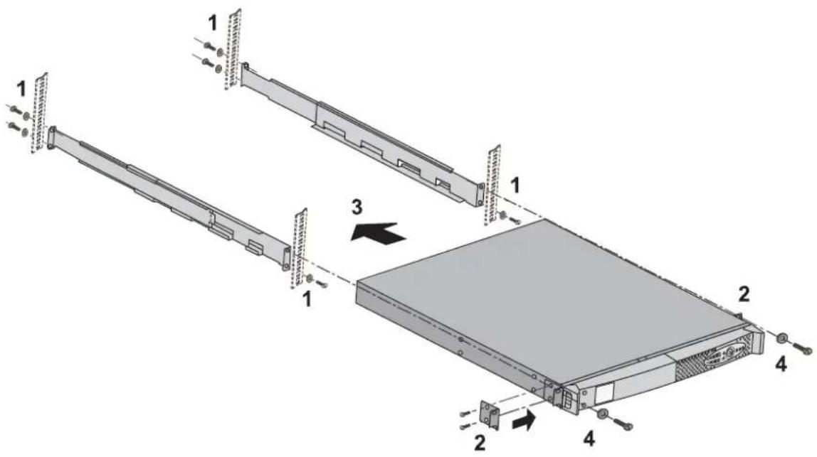 Technical diagram of a server rack with labeled components and directional arrows indicating assembly steps