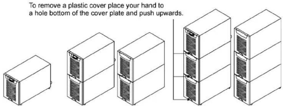 To remove a plastic cover place your hand to a hole bottom of the cover plate and push upwards.