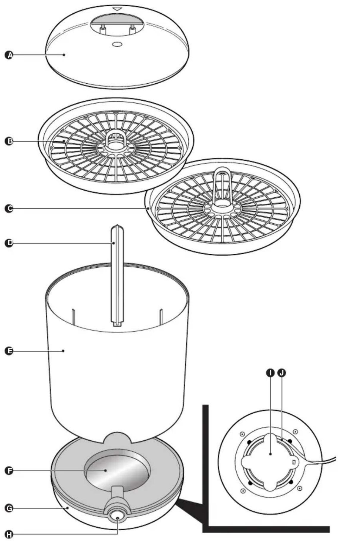 Technical diagram of a multi-stage appliance with labeled parts from A to H, showing internal structure and mounting points.