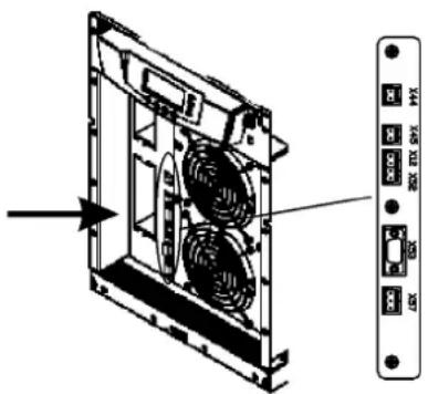 Technical diagram of a server rack with labeled ports and fan layout, showing directional arrow and component labels.