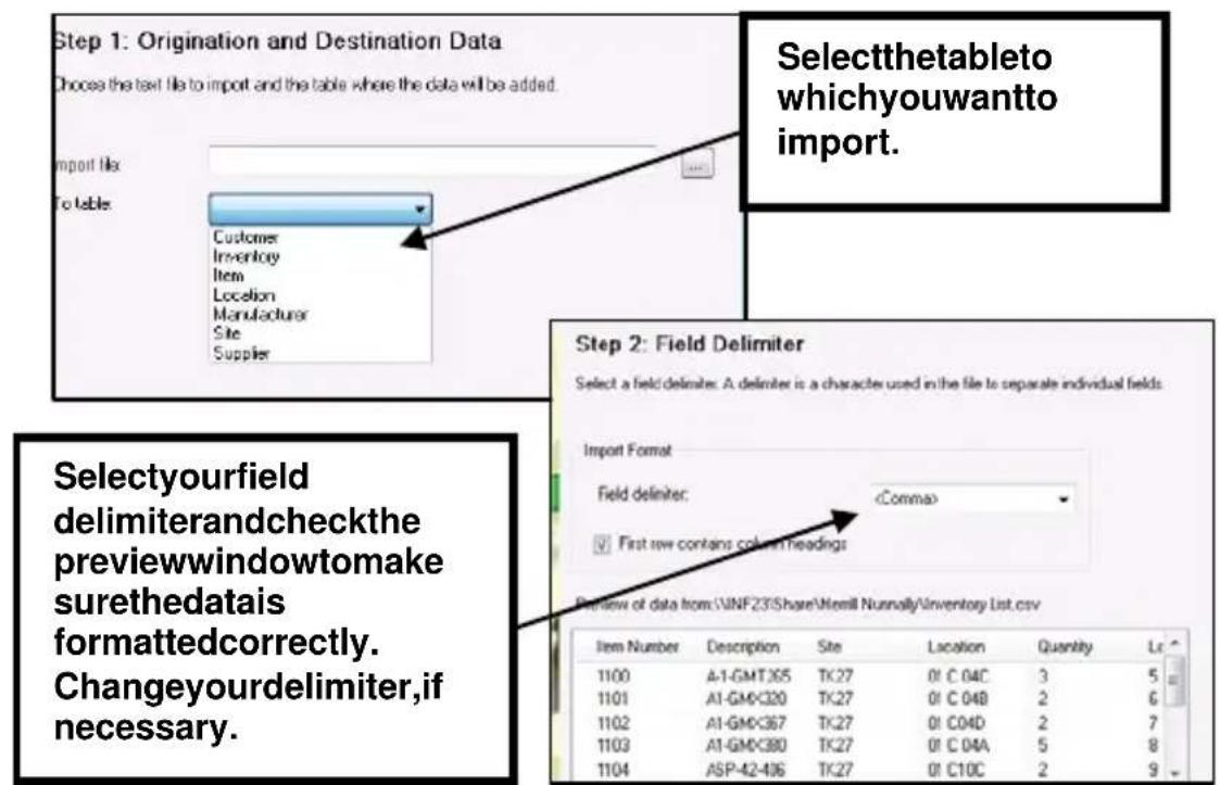 Step 1: Origination and Destination Data Choose the text file to import and the table where the data will be added. Import file: To table: Customer Inventory Item Location Manufacturer Site Supplier Selectthetableto whichyouwantto import. Step 2: Field Delimiter Select a field delimiter. A delimiter is a character used in the file to separate individual fields. Import Format Field delimiter: First raw contains column headings Preview of data from:\VINF23\Share\Merill Nunnally\Inventory List.csv Item Number Description Site Location Quantity Lc 1100 A-1-GMT365 TK27 0! C 04C 3 5 1101 A1-GM<320 TK27 0! C 04B 2 6 1102 A1-GM<367 TK27 0! C04D 2 7 1103 A1-GM<380 TK27 0! C 04A 5 8 1104 ASP-42-436 TK27 0! C10C 2 9 Selectyourfield delimiterandcheckthe previewwindowtomake surethedatais formattedcorrectly. Changeyourdelimiter,if necessary.