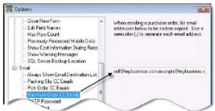 Options Close New Form Edit Field Names Max Row Count Previously Processed Mobile Data Show Cost Information During Reces Show Warning Messages SQL Server Backup Location Email Always Show Email Destination List Packing Slip CC Emails Pick Order CC Emails Purchase Order CC Email NJP Password When emailing a purchase order, list email addresses below to be carbon copied. Use a semicolon(); to separate each email address. self@mybusiness.com.example@mybusiness.c