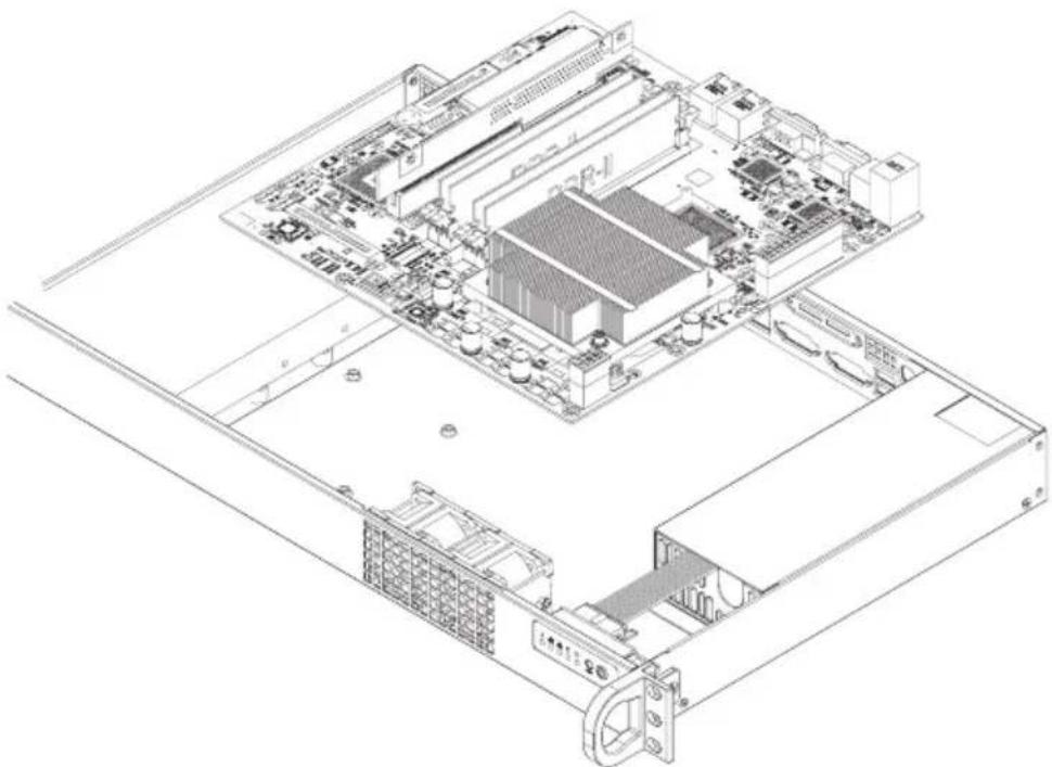 Technical line drawing of a computer motherboard showing CPU socket, drive bays, and chassis (no text or labels)