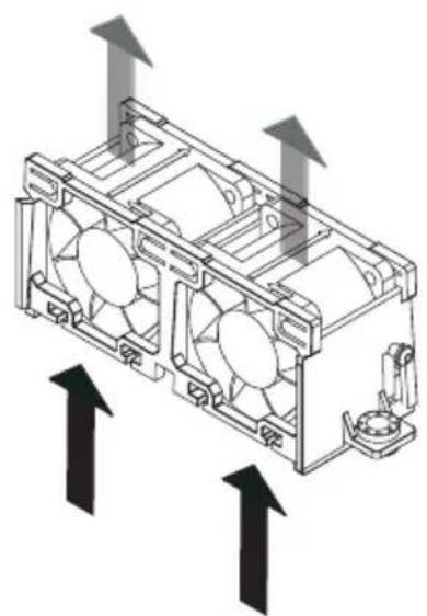 Technical illustration of a dual-chamber electric fan assembly with upward arrows indicating airflow or heat transfer (no text or symbols present)