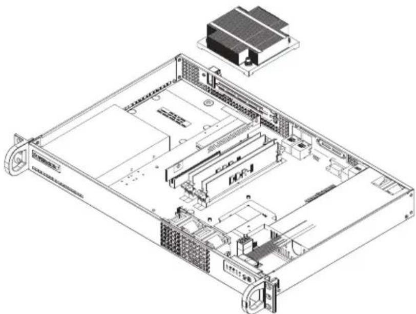 Technical line drawing of a server rack with internal components and an external housing (no text or symbols)