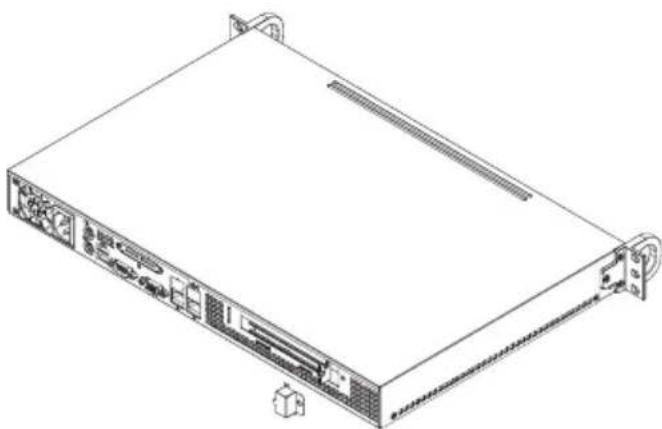 Line drawing of a server rack unit with ports and connectors (no text or symbols)