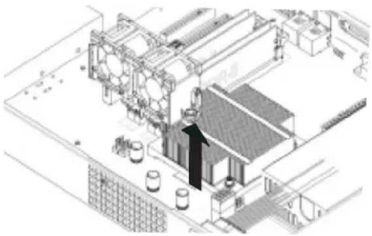 Isometric architectural diagram of a traditional building complex with tanks and courtyards, featuring a black arrow pointing to a specific structure (no text or symbols present)