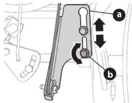 Technical diagram of a mechanical component with labeled parts (a and b) and directional arrows indicating movement or force.