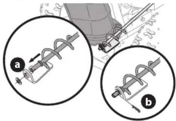Technical diagram showing two mechanical assembly steps labeled a and b, with arrows indicating motion direction.