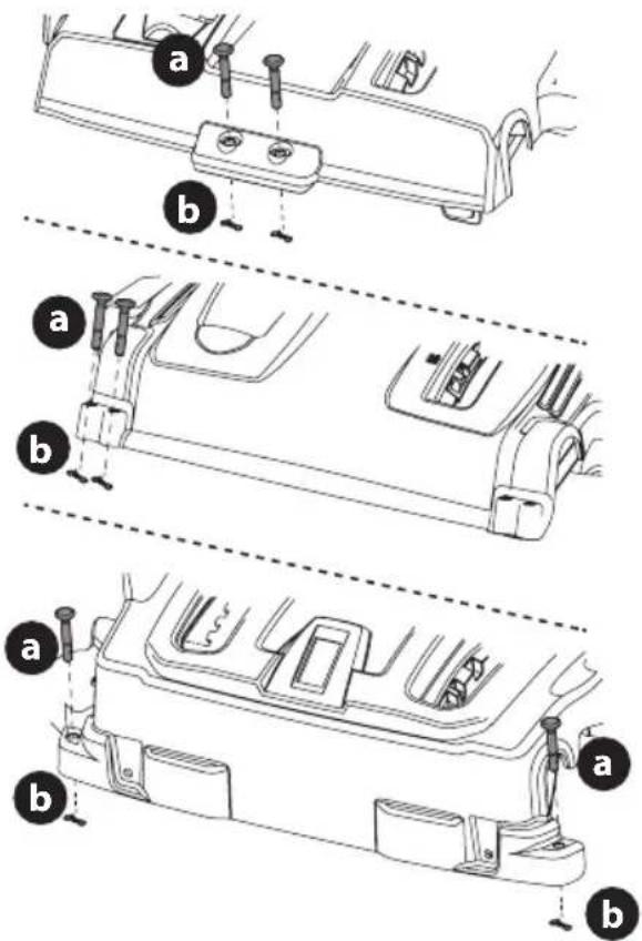 Technical diagram showing car interior components with labeled parts (a, b) and assembly steps