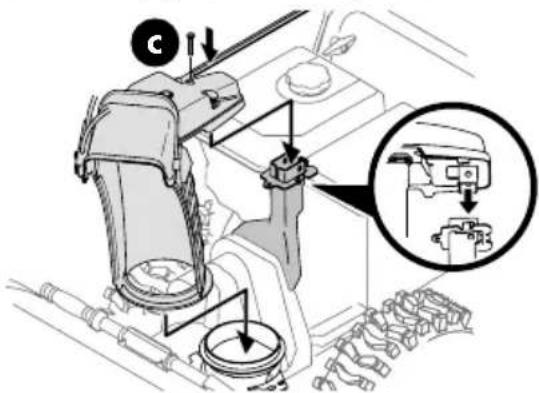 Technical diagram of a mechanical assembly with labeled components and a magnified inset showing internal components.