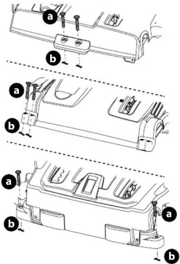 Technical diagram showing three labeled mechanical components with bolted fasteners and adjustment arrows