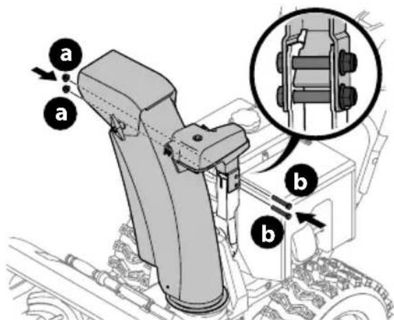 Technical diagram of a mechanical assembly with labeled parts (a, b) and an inset showing a close-up of a component.