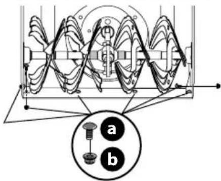 Technical diagram of a mechanical gear or worm gear assembly with labeled parts 'a' and 'b', showing internal gear structure and alignment indicators.