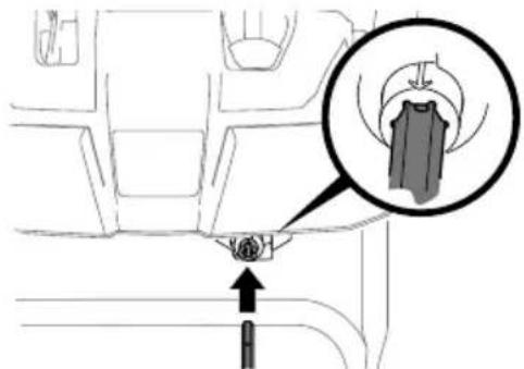 Diagram showing a car interior with a highlighted section and an arrow pointing to a component, possibly indicating a mechanical or electrical component.