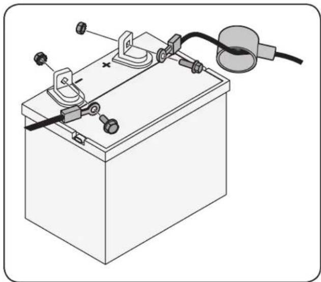 Line drawing of a battery with clamps and wiring, no text or symbols present