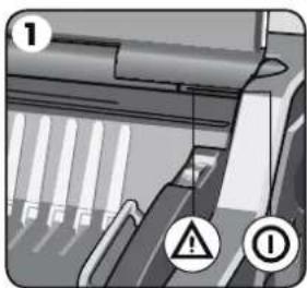 Diagram of a printer with warning symbols indicating error and absence