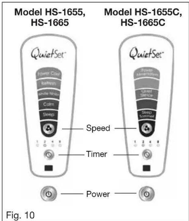 Model HS-1655, HS-1665 Model HS-1655C, HS-1665C QuietSet™ Power Care Battery White Noise Calm Sleep Speed Timer Power Fig. 10