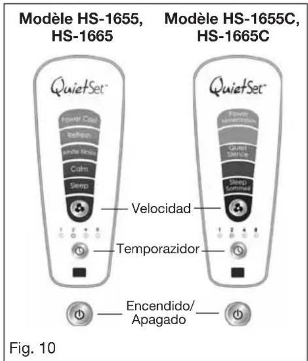 Modèle HS-1655, HS-1665 Modèle HS-1655C, HS-1665C QuietSet™ Power Condor Refresh White Noise Calm Sleep Velocidad Temporazidor Quiet Set Ice Sleep Sonnet Encendido/ Apagado Fig. 10