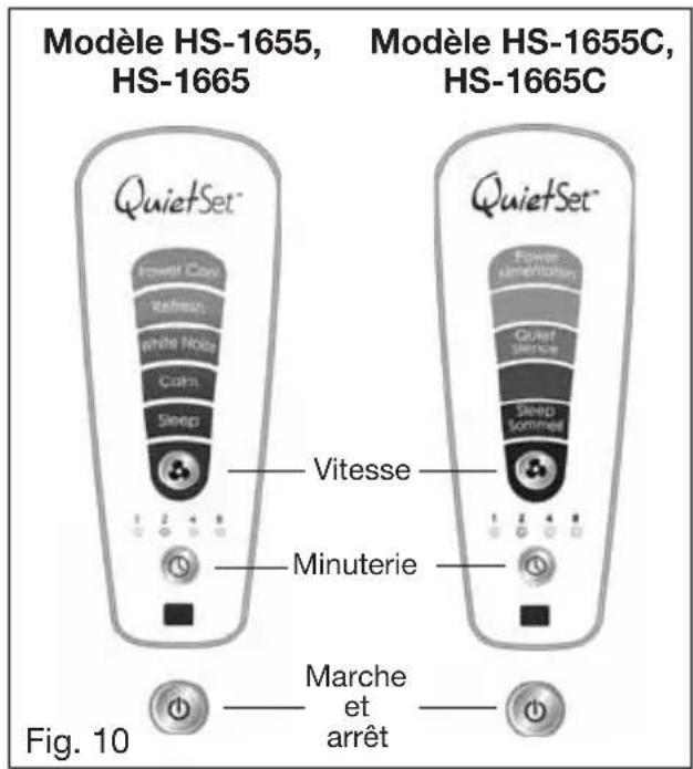 Modèle HS-1655, HS-1665 Modèle HS-1655C, HS-1665C QuietSet® Power Cond Refresh White Noise Calm Sleep Vitesse Minuterie QuietSet® Power l'orientation Quiet Squeeze Sleep Sommed Marche et arrêt Fig. 10