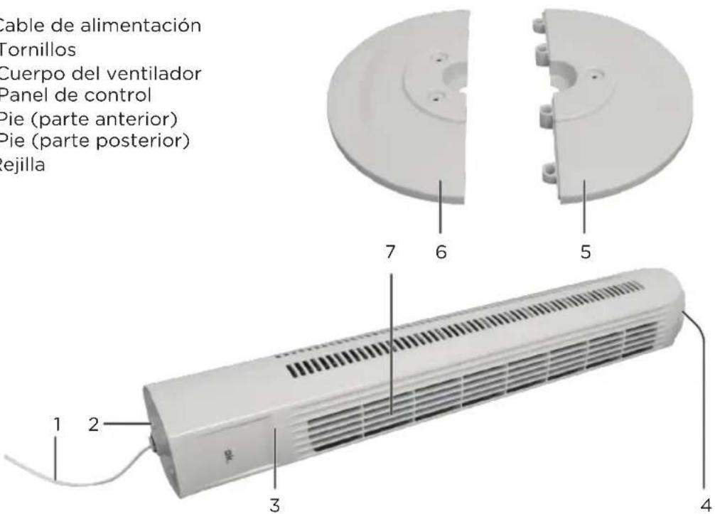 Cable de alimentación Tornillos Cuerpo del ventilador Panel de control Pie (parte anterior) Pie (parte posterior) ejilla 1 2 3 4 5 6 7