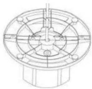 Technical line drawing of a mechanical component with radial slots and central hub (no text or symbols)