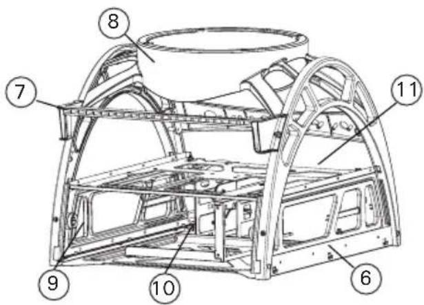 Technical diagram of a car body frame with numbered components for identification