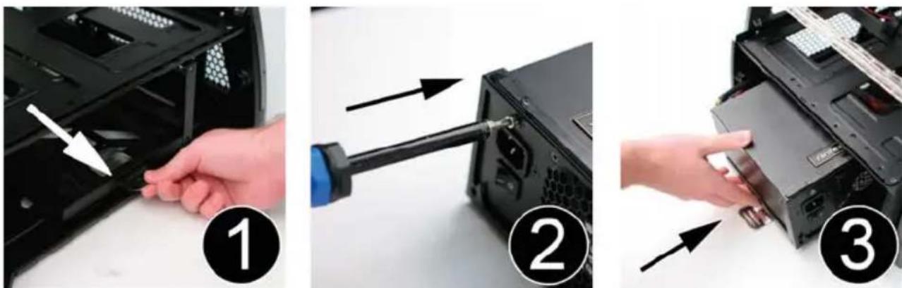Three-step diagram showing a hand inserting a device into a computer case, labeled with arrows and numbered steps 1, 2, and 3.