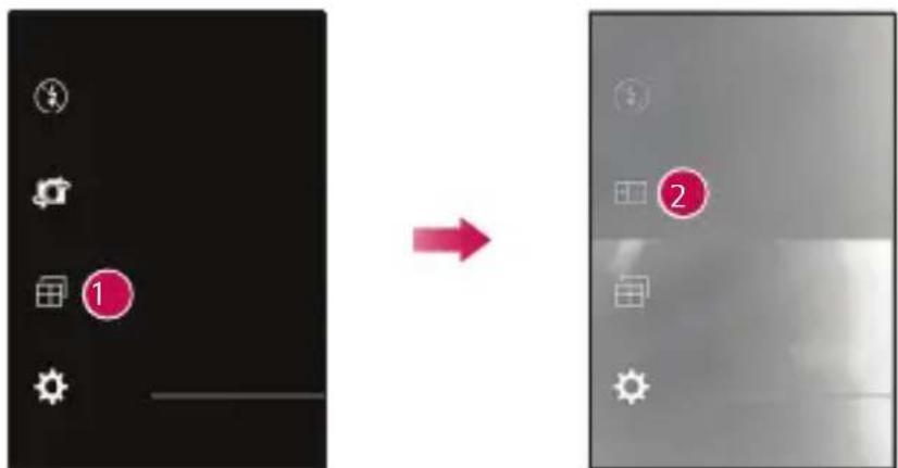 Mobile app interface transformation showing a black screen with icons and a red arrow pointing to a gray screen with two numbered UI elements.
