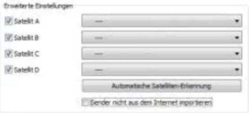 Erweiterte Erstellungen ✓ Satellit A — ✓ Satellit B — ✓ Satellit C — ✓ Satellit D — Automatische Satelliten-Biennung Sender nicht aus den Internet importieren