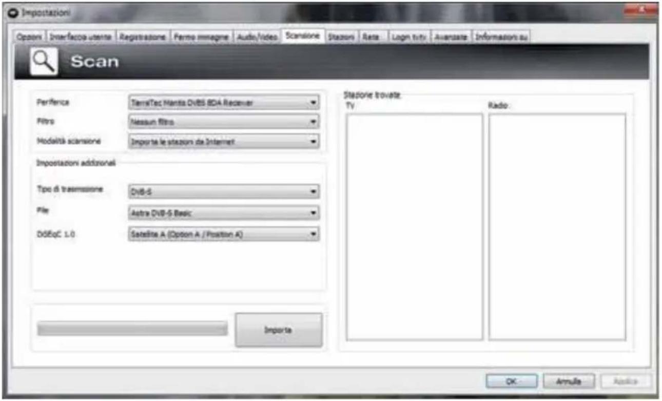 Importazioni Options Interfaccia utente Registrazioni Perma immagine Audio/Video Scansione Stazioni Reta Loginivity Avanzata Informazioni su Scan Perfence TerraTec Nanita DVB5 BDA Receiver Filtro Nassun Filtrò Modalità scansione Importa le stazioni da Internet Importazioni addizionali Tipo di trasmi…