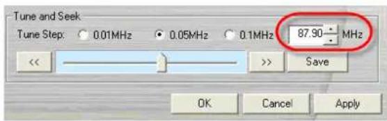 Tune and Seek Tune Step: 0.01MHz 0.05MHz 0.1MHz 87.90 MHz << >> Save OK Cancel Apply