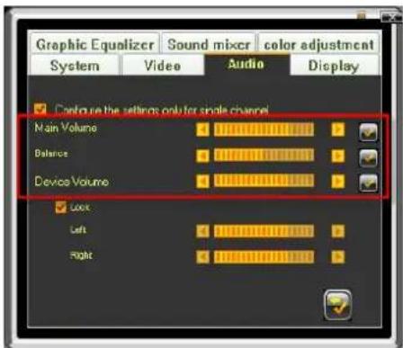 Graphic Equalizer Sound mixer color adjustment System Video Audio Display Configure the settings only for single channel Main Volume Balance Device Volume Lock Left Right