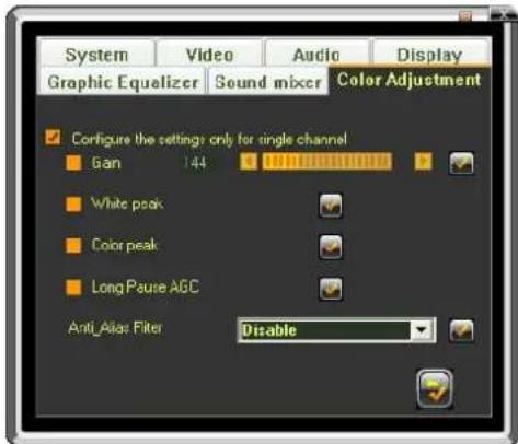 System Video Audio Display Graphic Equalizer Sound mixer Color Adjustment Configure the settings only for single channel Gan 144 White peak Color peak Long Paure AGC Anti_Alias Filter Disable