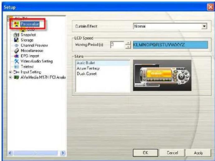 Setup Pre Iceland CSD Snapshot Storage Channel Preview Miscellaneous EPG Import Video/Audio Setting Teiled Input Setting AVMeMedia M17H PCI Ando D curtain Effect Normal LCD Speed Moving Period (s): 3 KLMNOPQRSTUWWXYZ Skips Auric Bullet Azure Fantasy Dusk Comet OK Cancel Apply