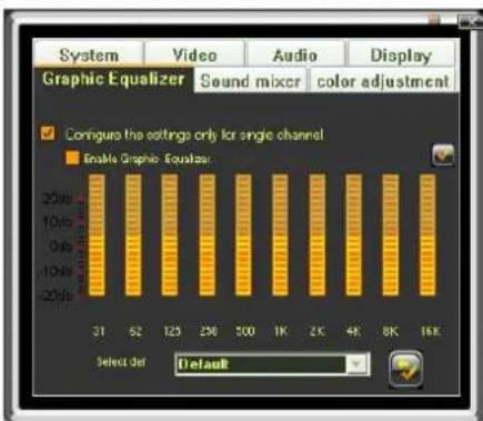 System Video Audio Display Graphic Equalizer Sound mixer color adjustment Configure the settings only for single channel Enable Graphic Equalizer 31 62 123 250 500 1K 2K 4K 8K 16K Select Del Default