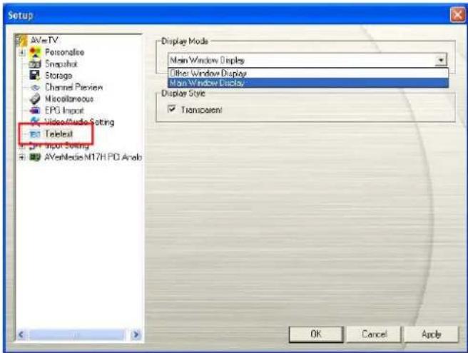 Setup AVMeTV Personalize Snapchat Storage Channel Prefix Miscellaneous EPG Import Video/Video Setting Telegal Import Setting AYeMedia M17H PD Anab Display Mode Main Window Display Other Window Display Main Window Display Display Style Transparent OK Cancel Apply
