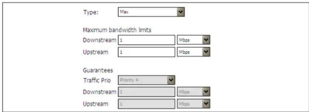 Type: Max Maximum bandwidth limits Downstream 1 Mbps Upstream 1 Mbps Guarantees Traffic Prio Priority 4 Downstream 1 Mbps Upstream 1 Mbps