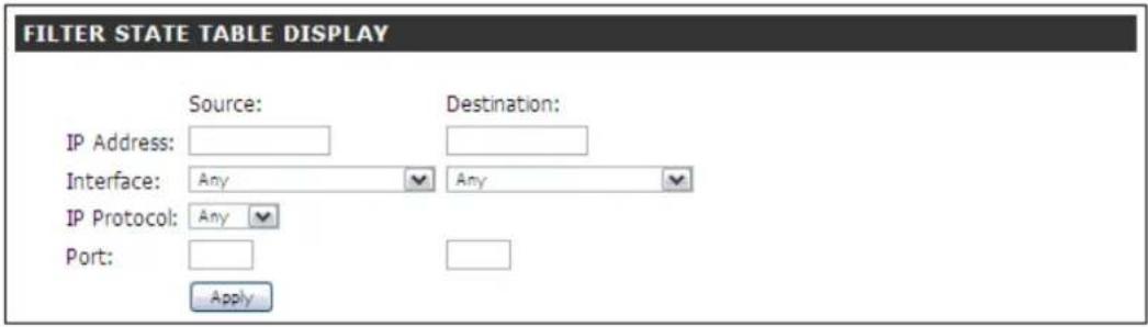 FILTER STATE TABLE DISPLAY Source: Destination: IP Address: Interface: Any Any IP Protocol: Any Port: Apply