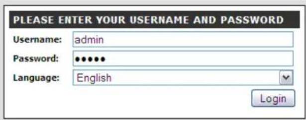 PLEASE ENTER YOUR USERNAME AND PASSWORD Username: admin Password: •••••• Language: English Login