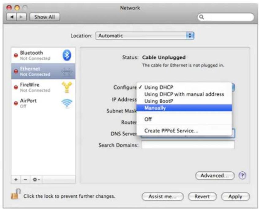 Network Show All Location: Automatic Bluetooth Not Connected Ethernet Not Connected FireWire Not Connected AirPort Off Status: Cable Unplugged The cable for Ethernet is not plugged in. Configure ✓ Using DHCP Using DHCP with manual address IP Address: Using BootP Subnet Mask: Manually Router: Off DNS…
