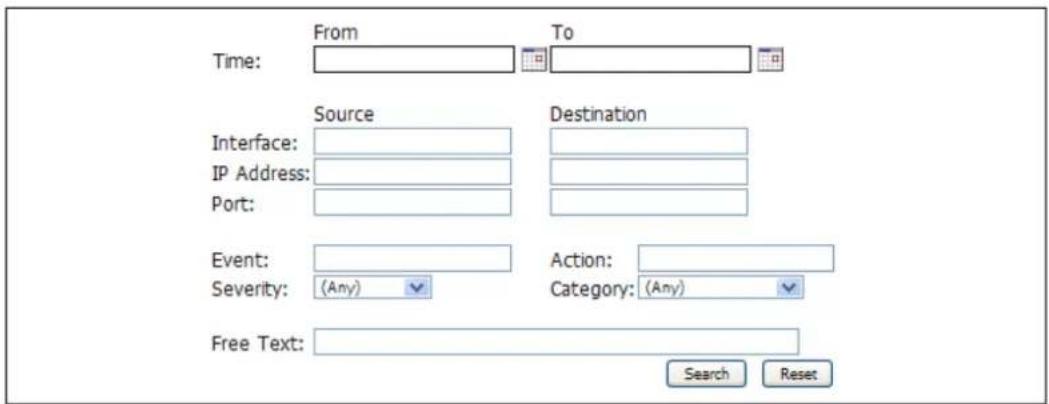 Time: From To Source Destination Interface: IP Address: Port: Event: Severity: (Any) Action: Category: (Any) Free Text: Search Reset