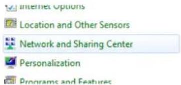 Internet Options Location and Other Sensors Network and Sharing Center Personalization Programs and Features