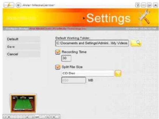 AVEn MediaCenter Settings Configure Settings: After MediaCenter FireMedia Technologies Inc. Default Save Cancel Default Working Folder: C:\Documents and Settings\AdminI...My Videos Recording Time 30 Split File Size CD Disc 450 MB