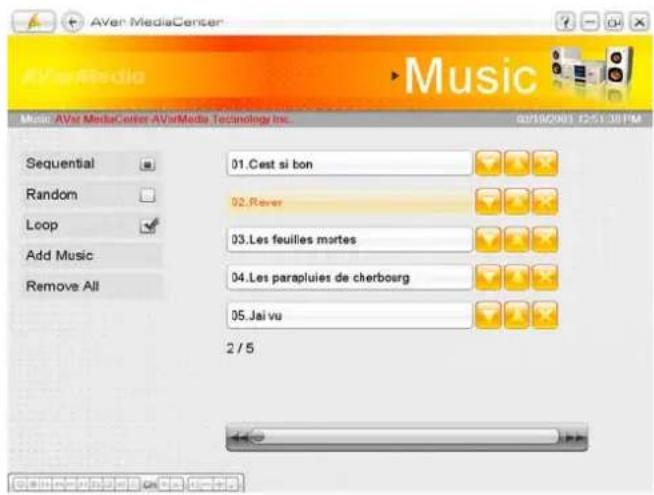 AVar MediaCenter Music Musi: AVar MediaCenter AVarMedia Technology Inc. 02/19/2001 12:51:30PM Sequential Random Loop Add Music Remove All 01.Cest si bon 02.Rever 03.Les feuilles martes 04.Les parapluies de cherbosarg 05.Jai vu 2 / 5